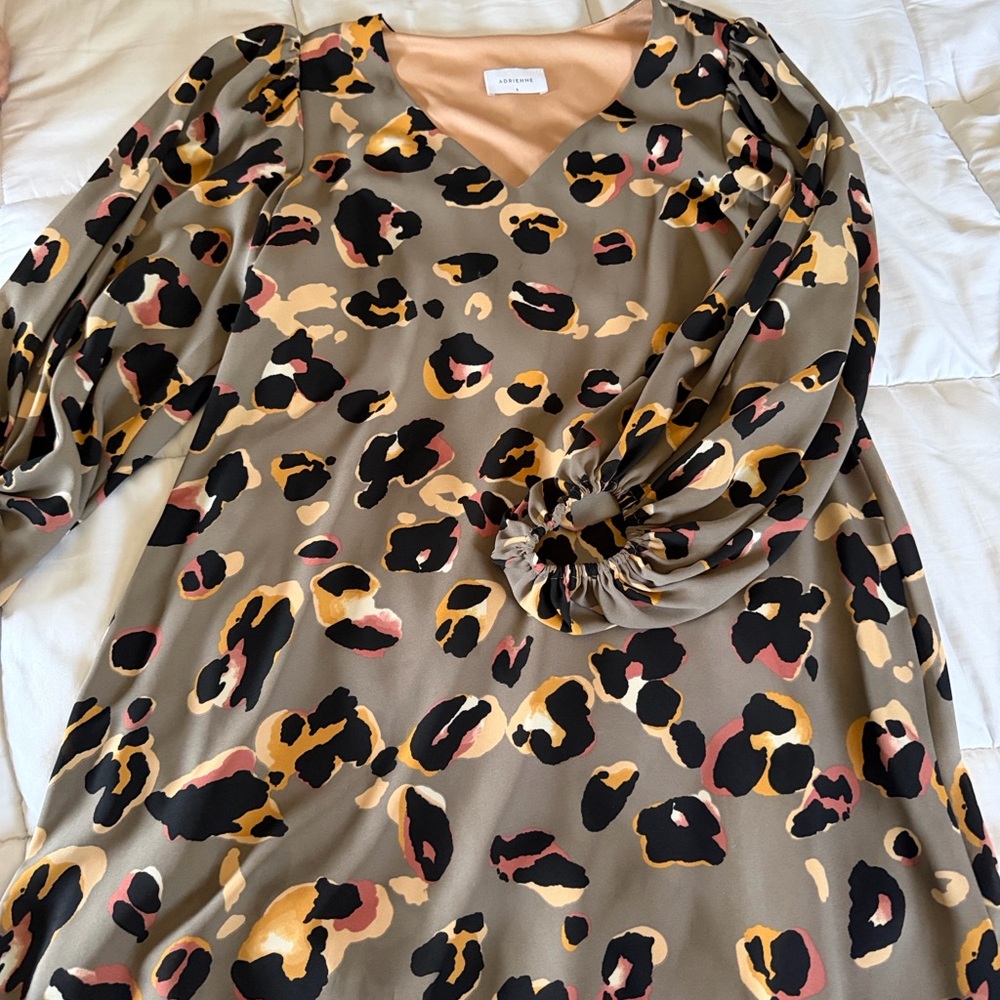 Adrienne Taupe Leopard Print Midi Dress with Black and Mustard Spots